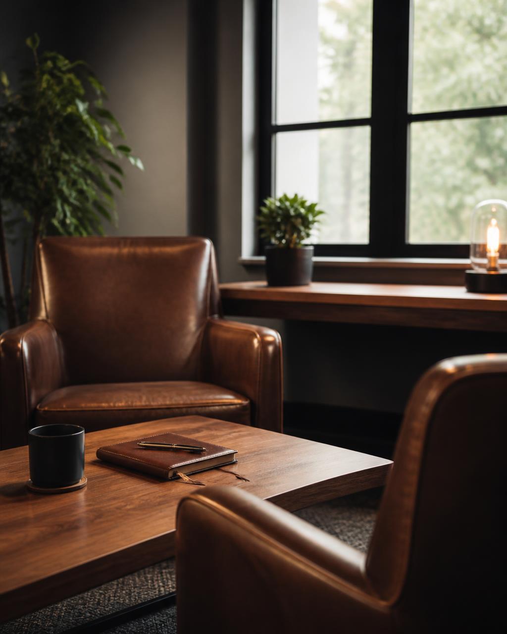 A warm coaching space — two chairs across a wooden table, ready for a private session