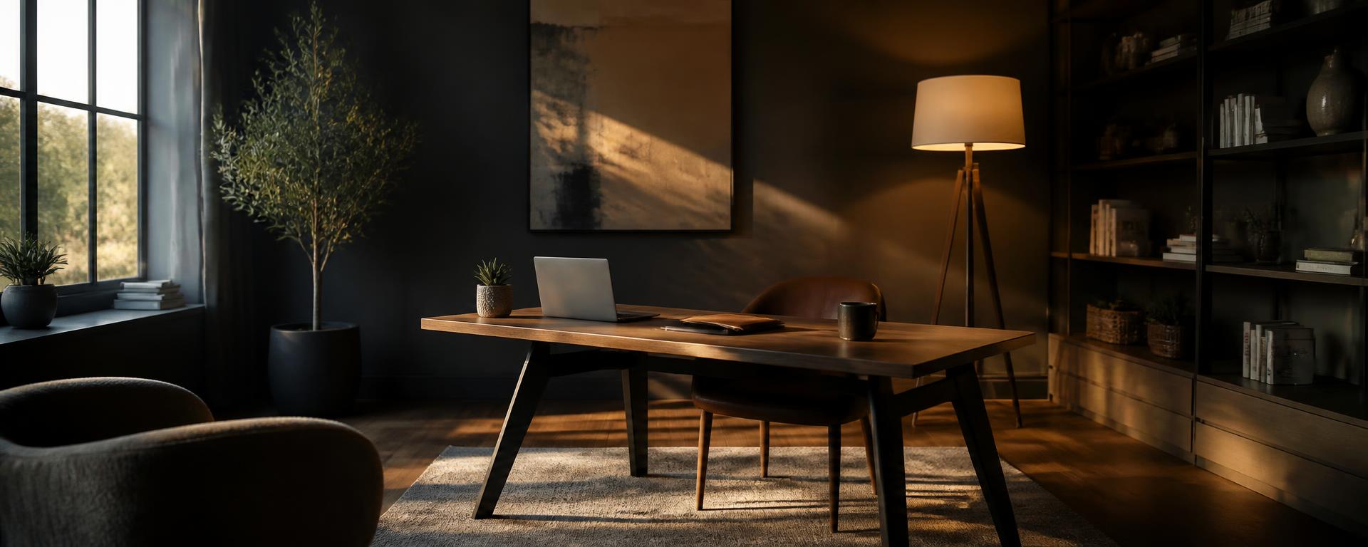 A calm, warm coaching workspace — desk, notebook, and natural light