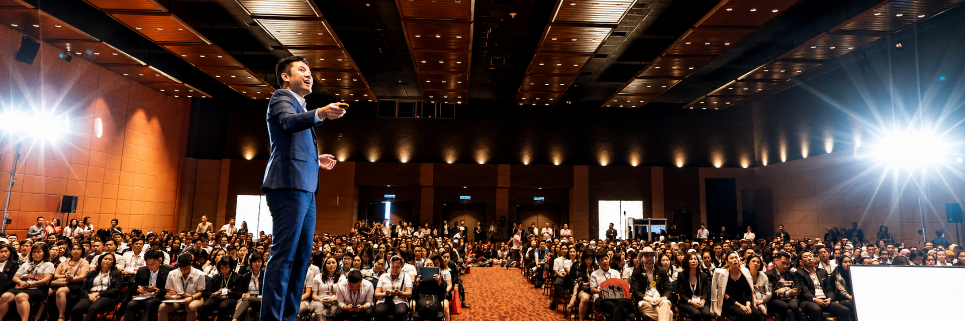 Benjamin Loh on stage in front of a packed auditorium